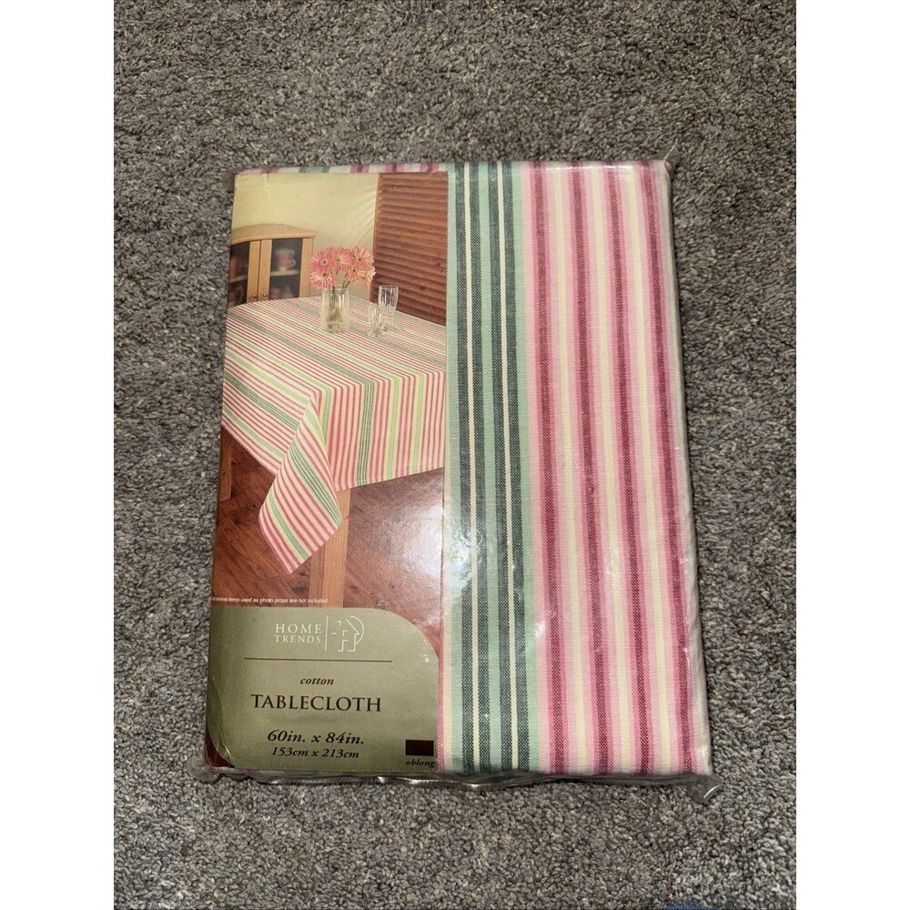 Home Trends Green Red Pink Striped Cotton Blend 60x84 Rectangle Tablecloth New